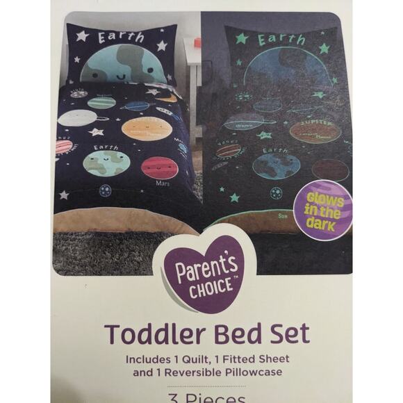 Parent's Choice Space Glow-in-Dark 3-Pc Toddler Bed Set, Comforter, Sheet OEKO - Picture 1 of 11